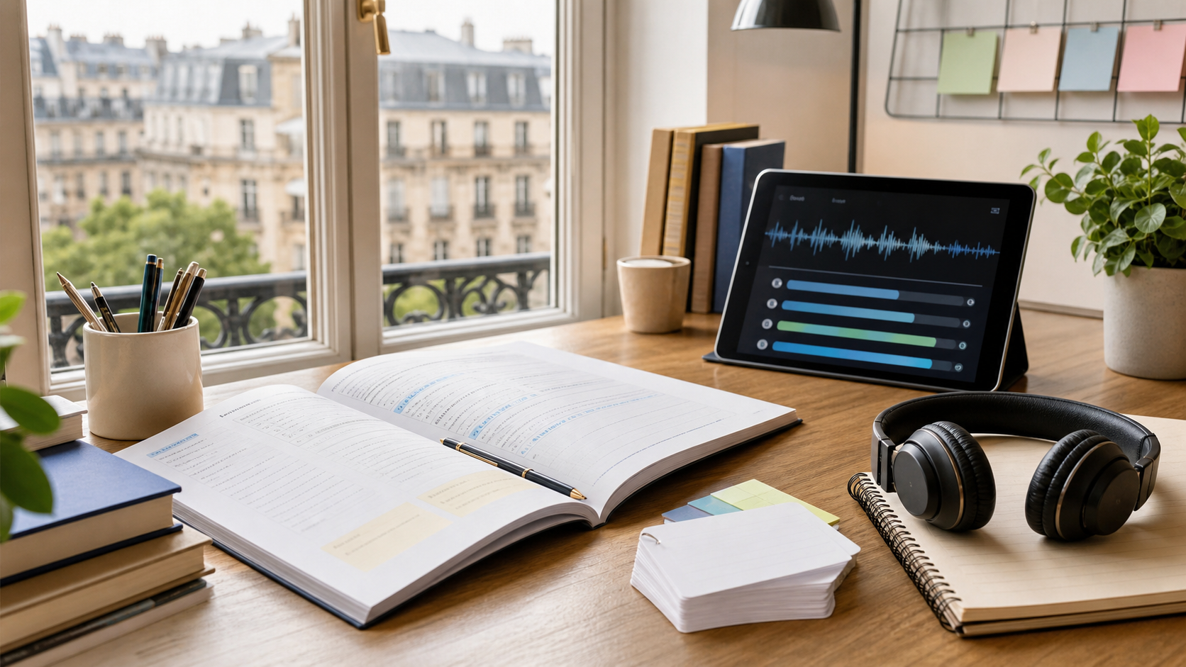 Organized French exam study desk